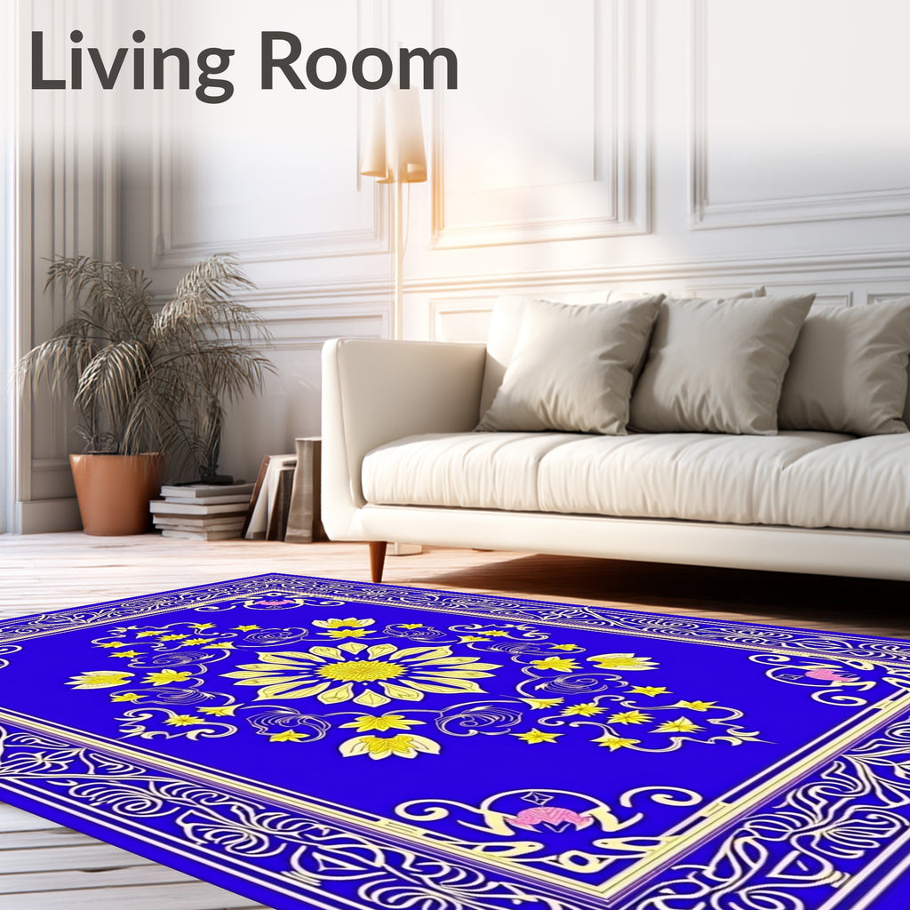 Royal Blue Yellow Floral Medallion Border Rug
