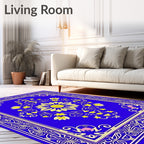 Royal Blue Yellow Floral Medallion Border Rug