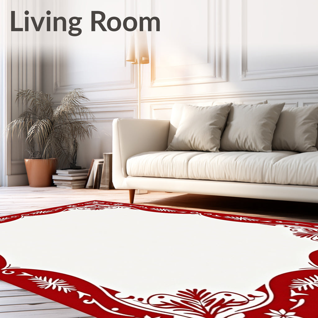 Crimson Floral And Snowflake Border Rug