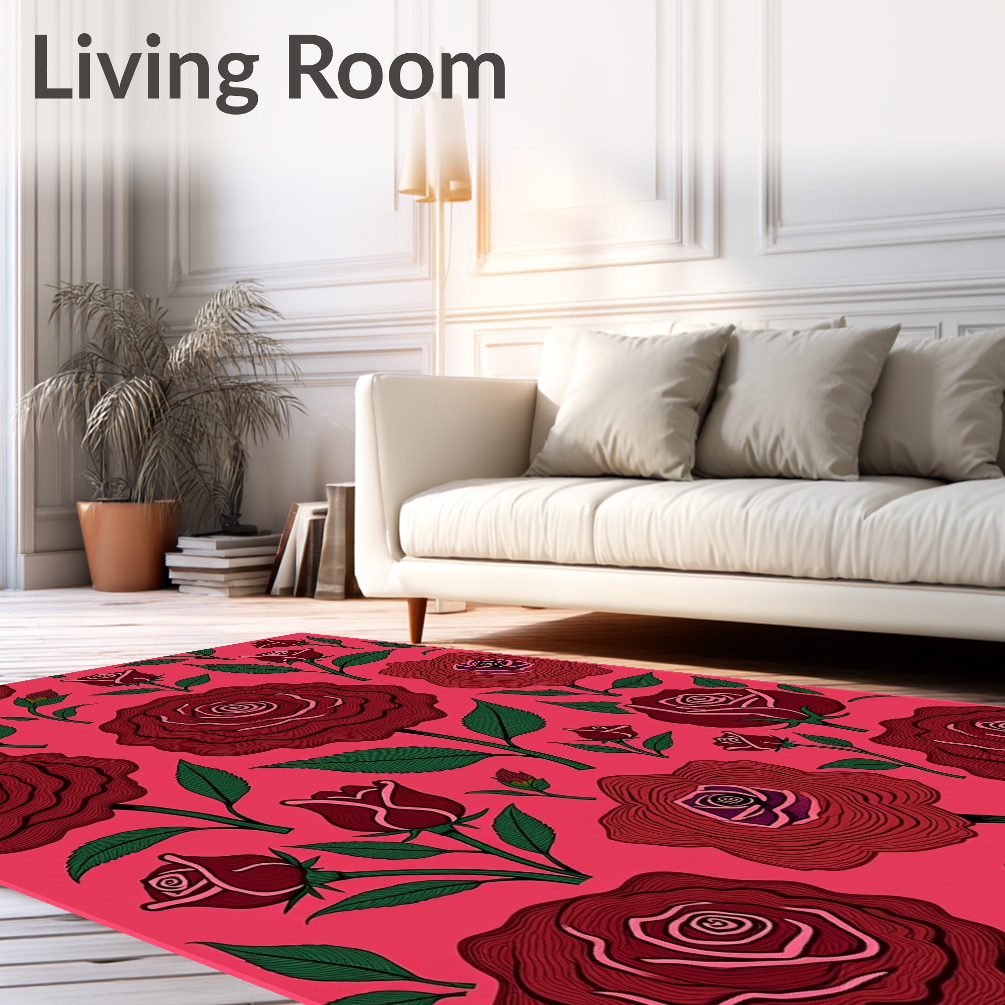 Deep Red Botanical Rose Arrangement Rug