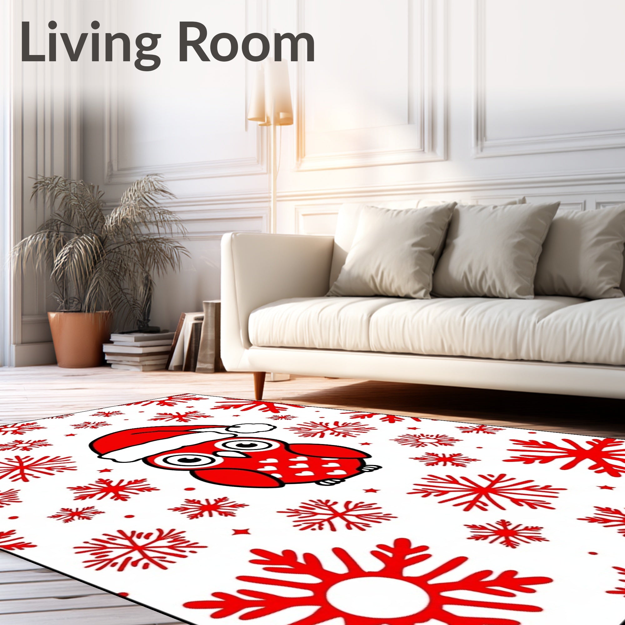 Red Festive Owl Snowflake Scene Rug