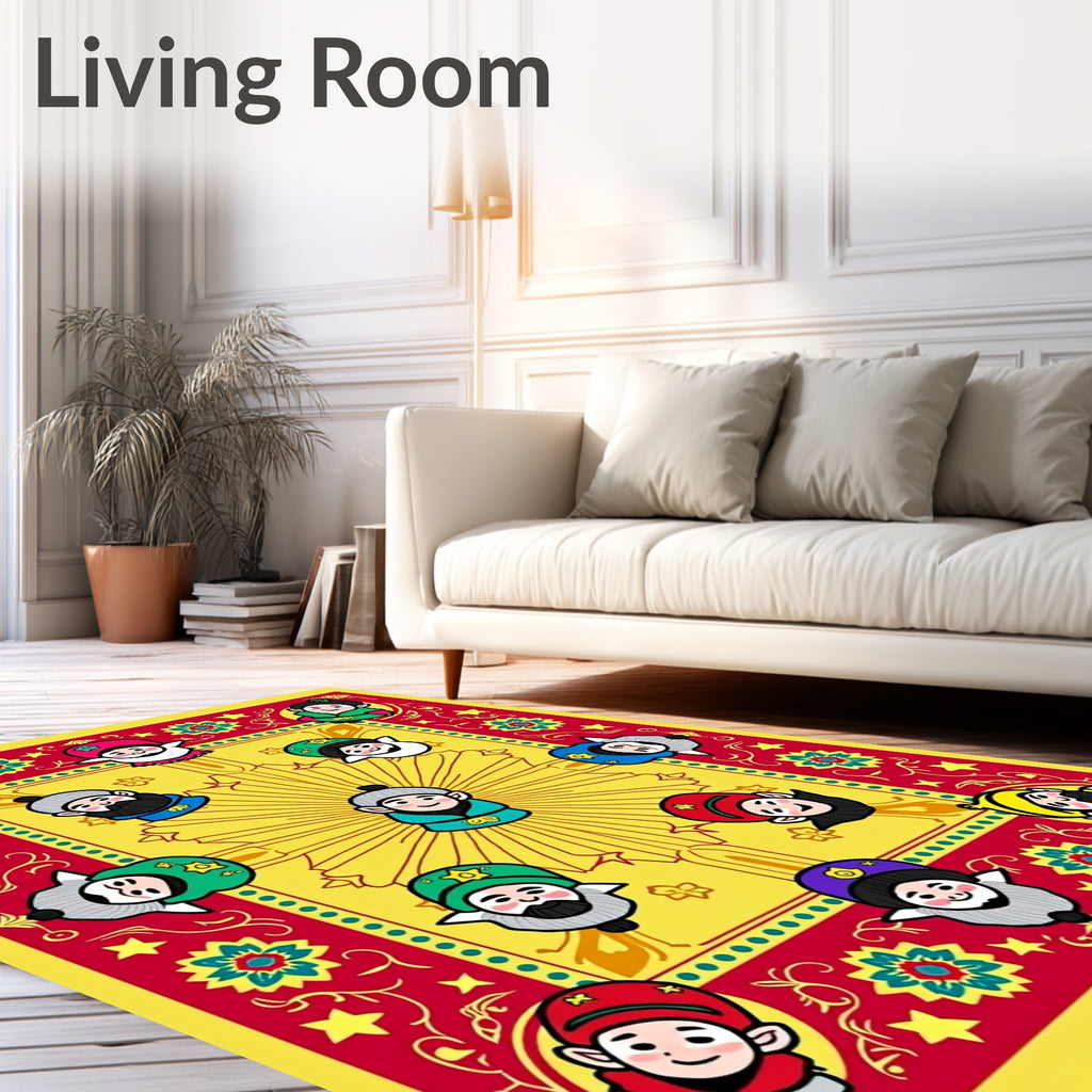 Joyful Figures Red Yellow Folk Art Rug