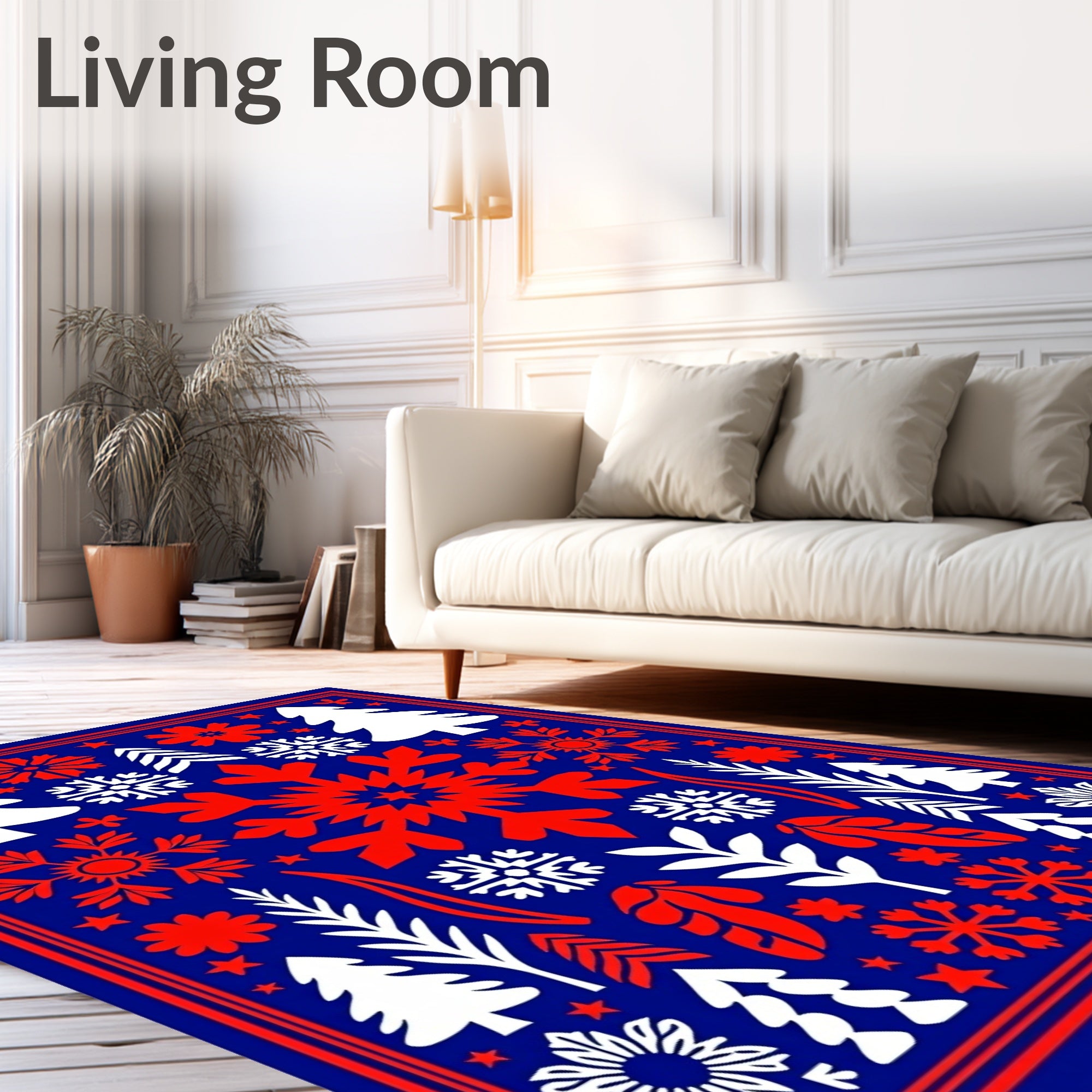 Festive Blue Red Snowflake Tree Medley Rug