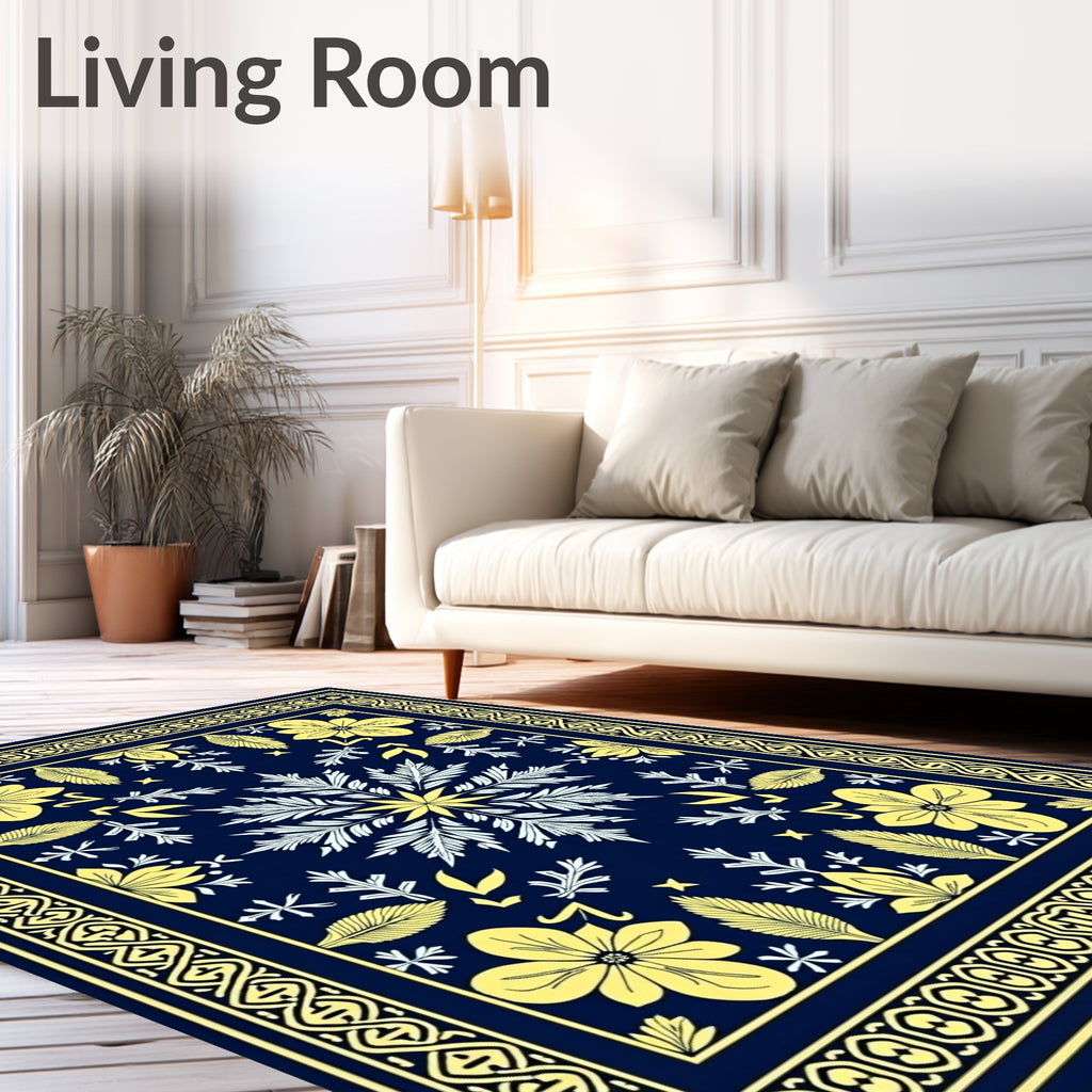 Navy Yellow Floral Medallion Border Rug