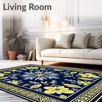 Navy Yellow Floral Medallion Border Rug