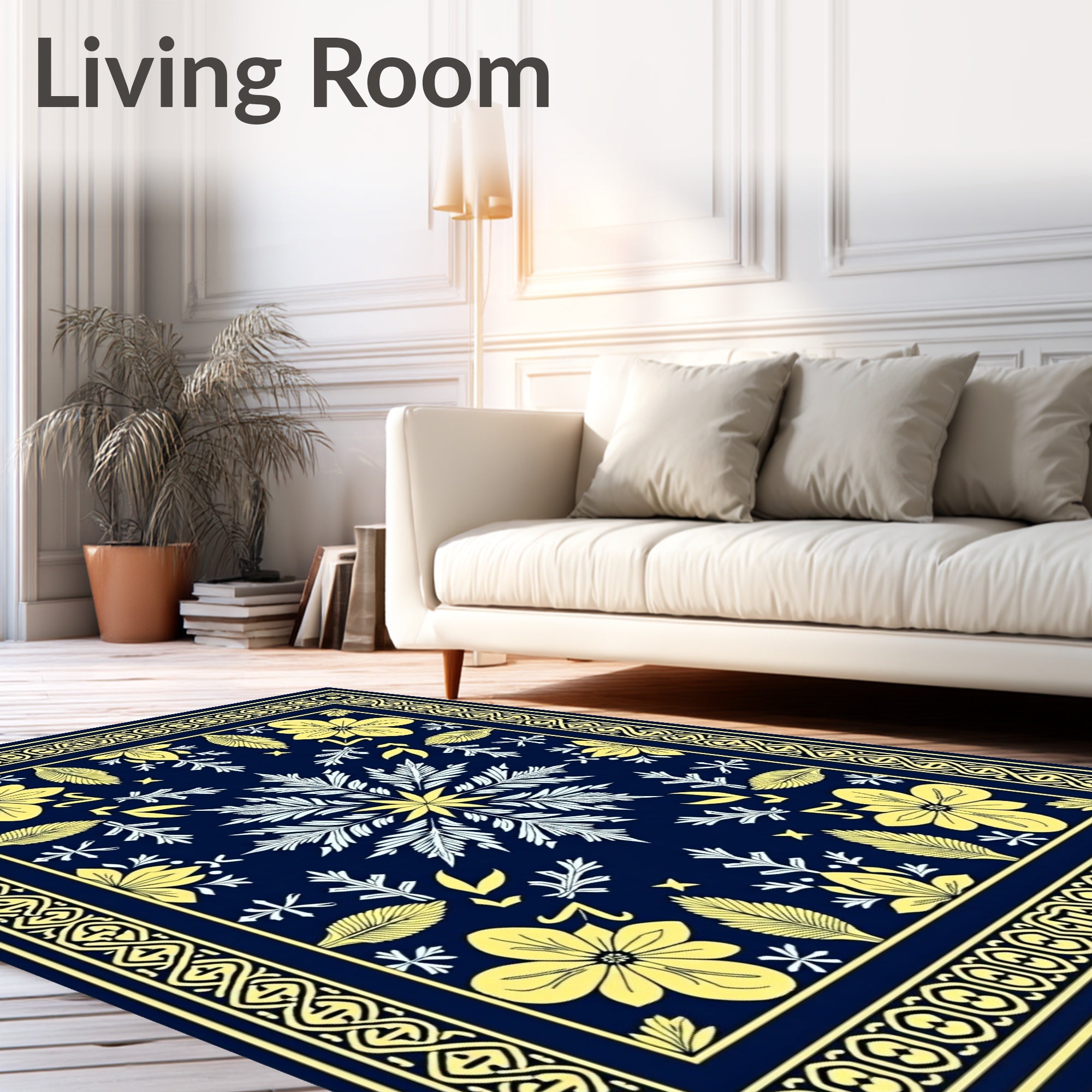Navy Yellow Floral Medallion Border Rug