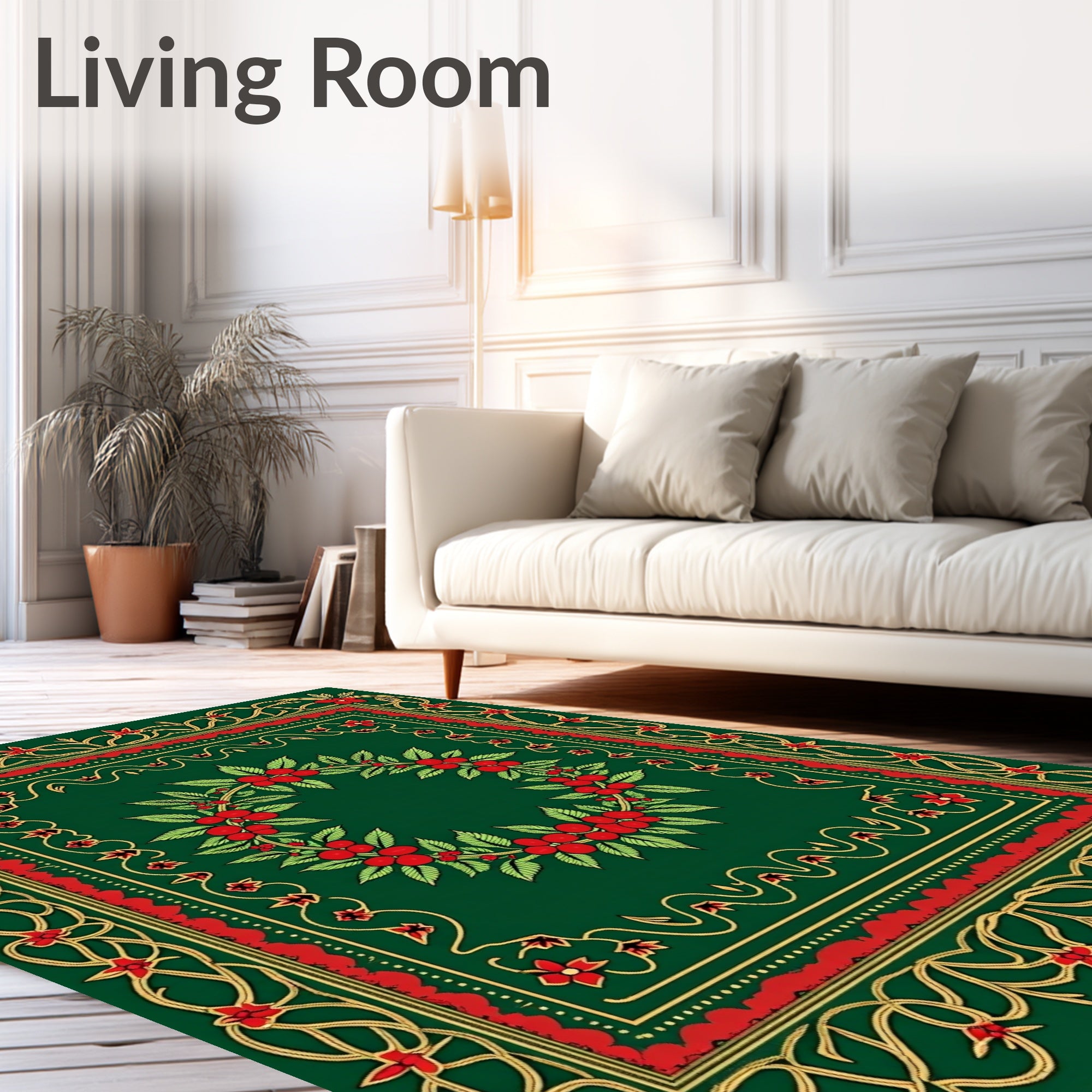 Emerald Green Red Floral Wreath Border Rug