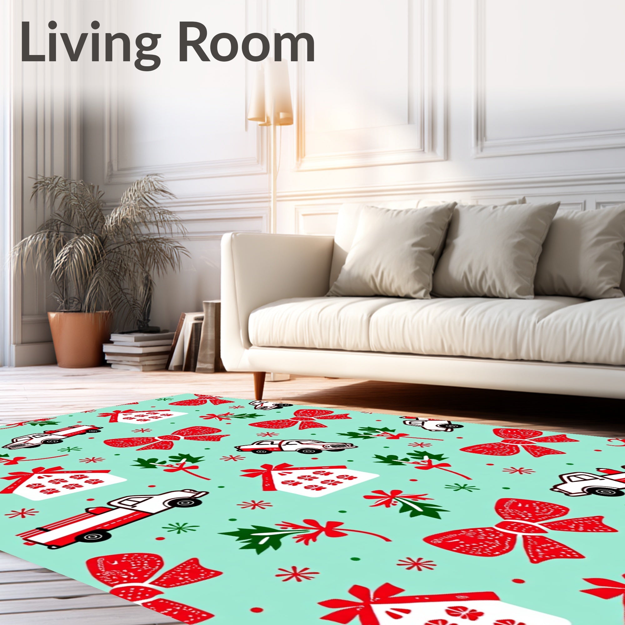 Red White Trucks Houses Bows Mistletoe Rug