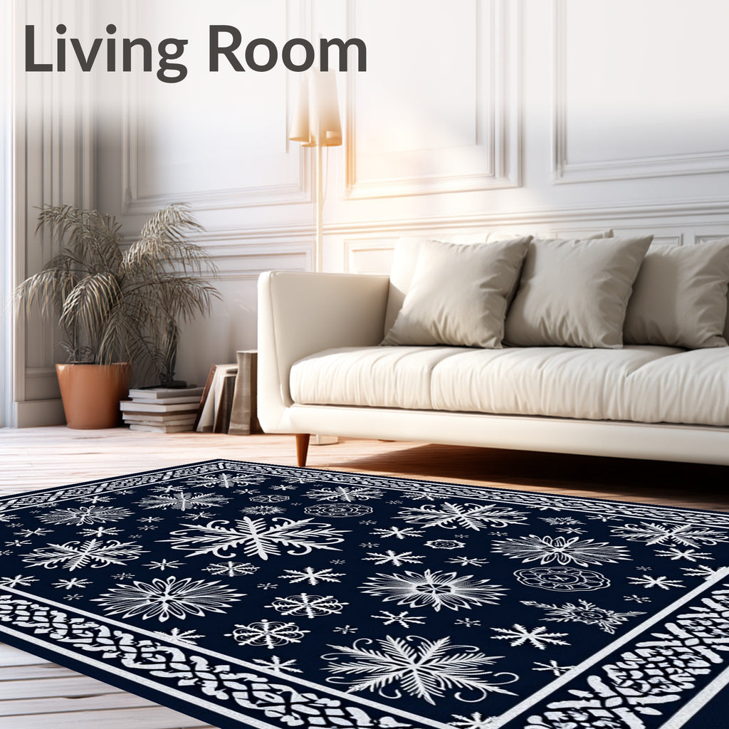 Navy White Snowflake Scatter Framed Rug