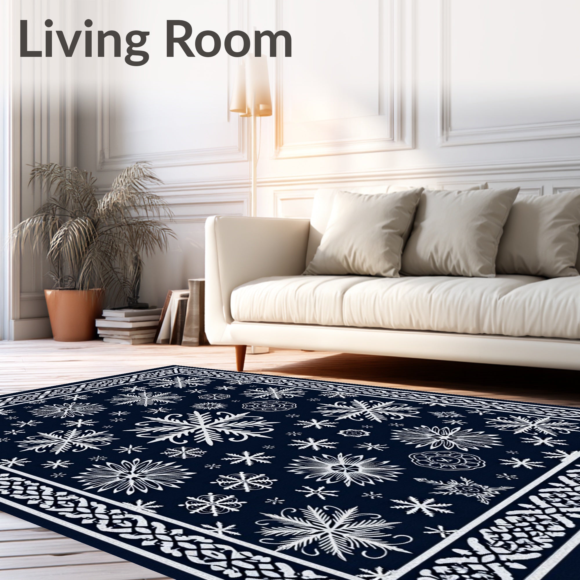 Navy White Snowflake Scatter Framed Rug
