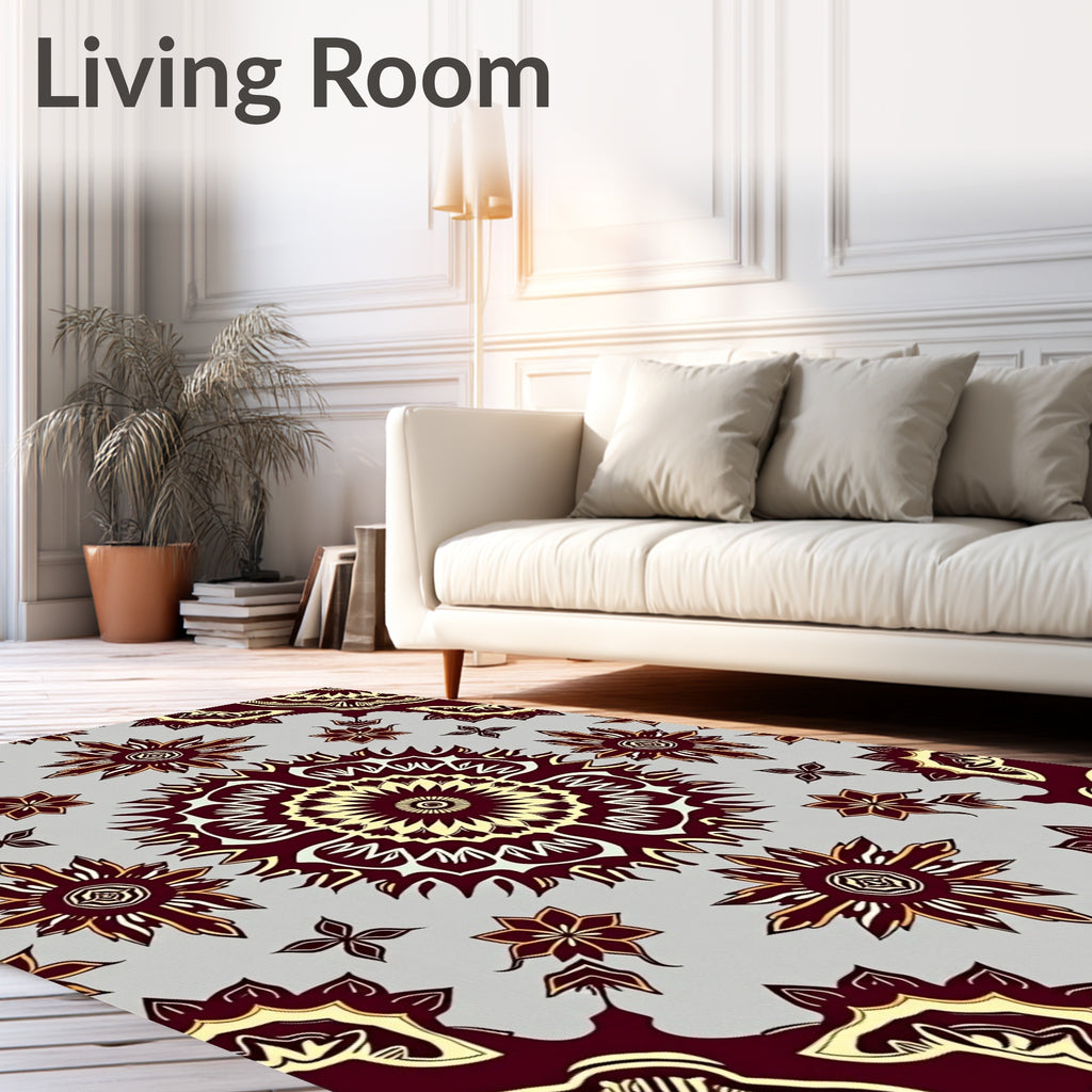 Crimson Golden Sunburst Mandala Repeating Rug