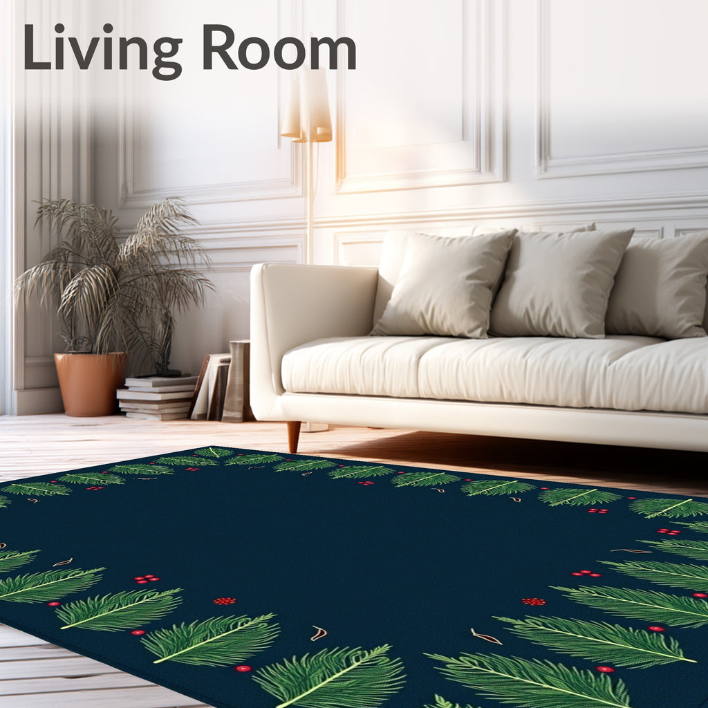 Dark Blue Pine Sprig Border Rug
