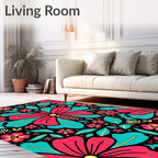 Vibrant Coral Teal Floral Butterfly Garden Rug
