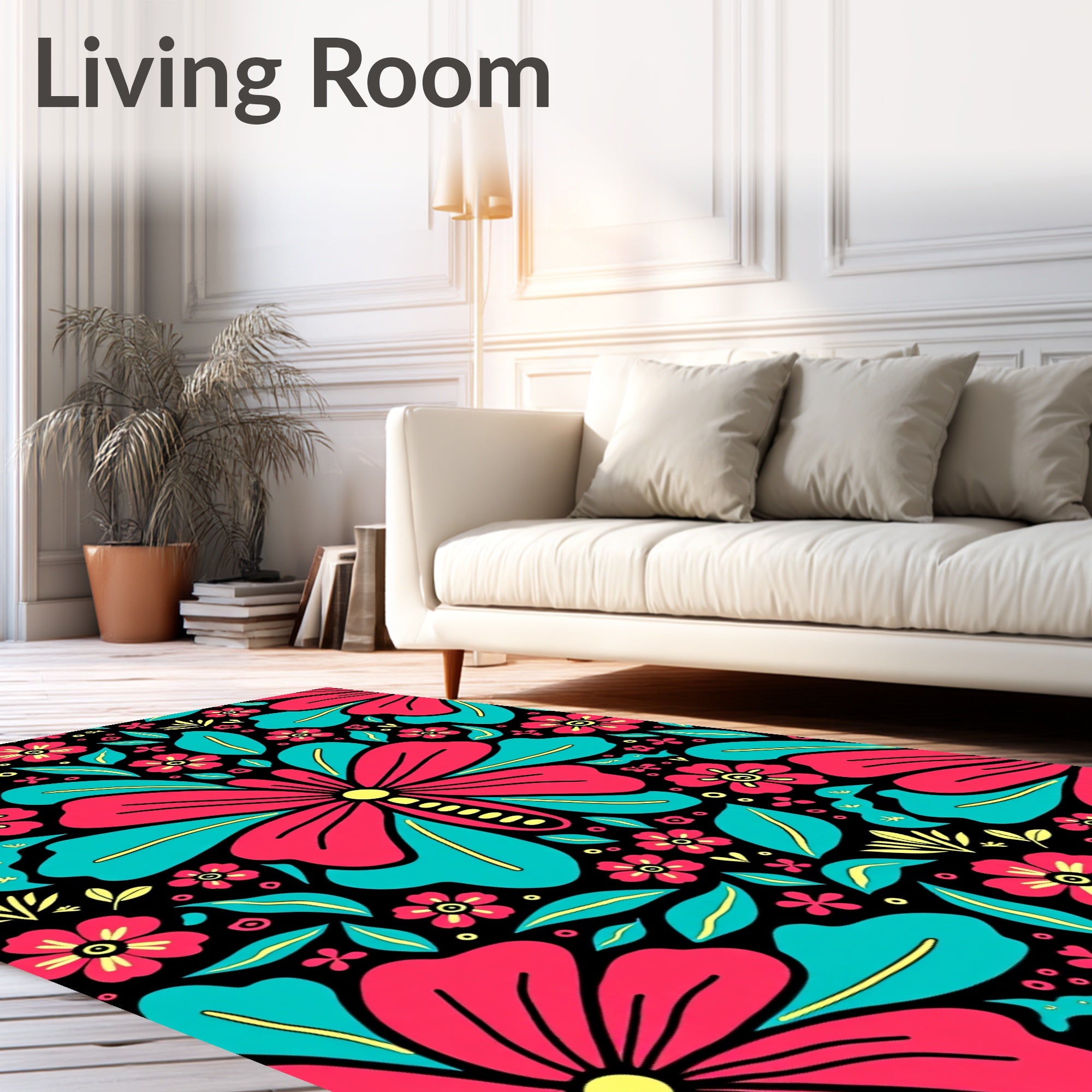 Vibrant Coral Teal Floral Butterfly Garden Rug