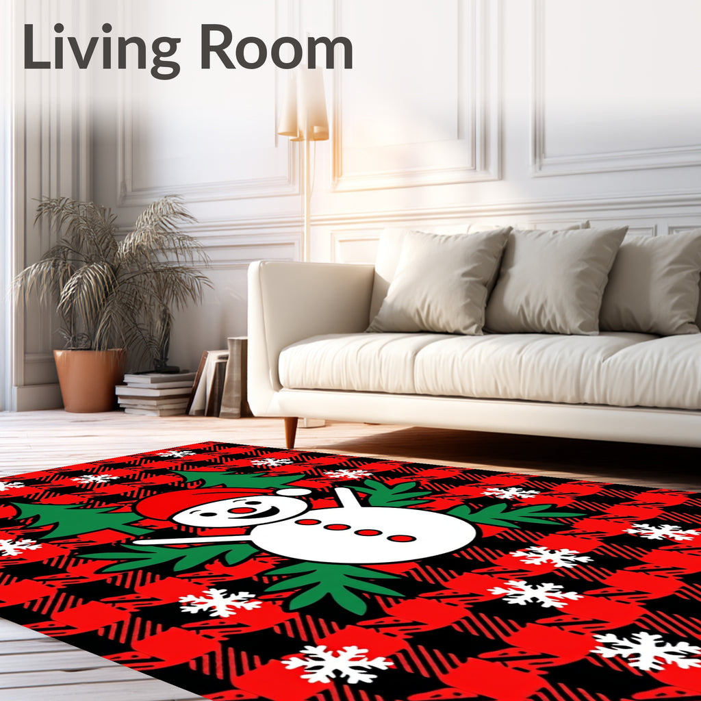 Red Black Buffalo Plaid Snowman Snowflakes Rug