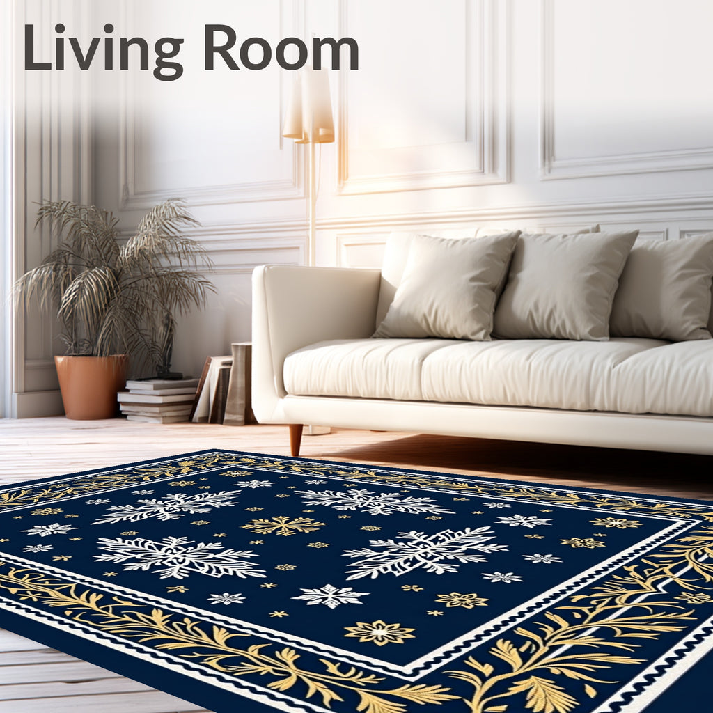 Navy Gold Snowflake Border Rug