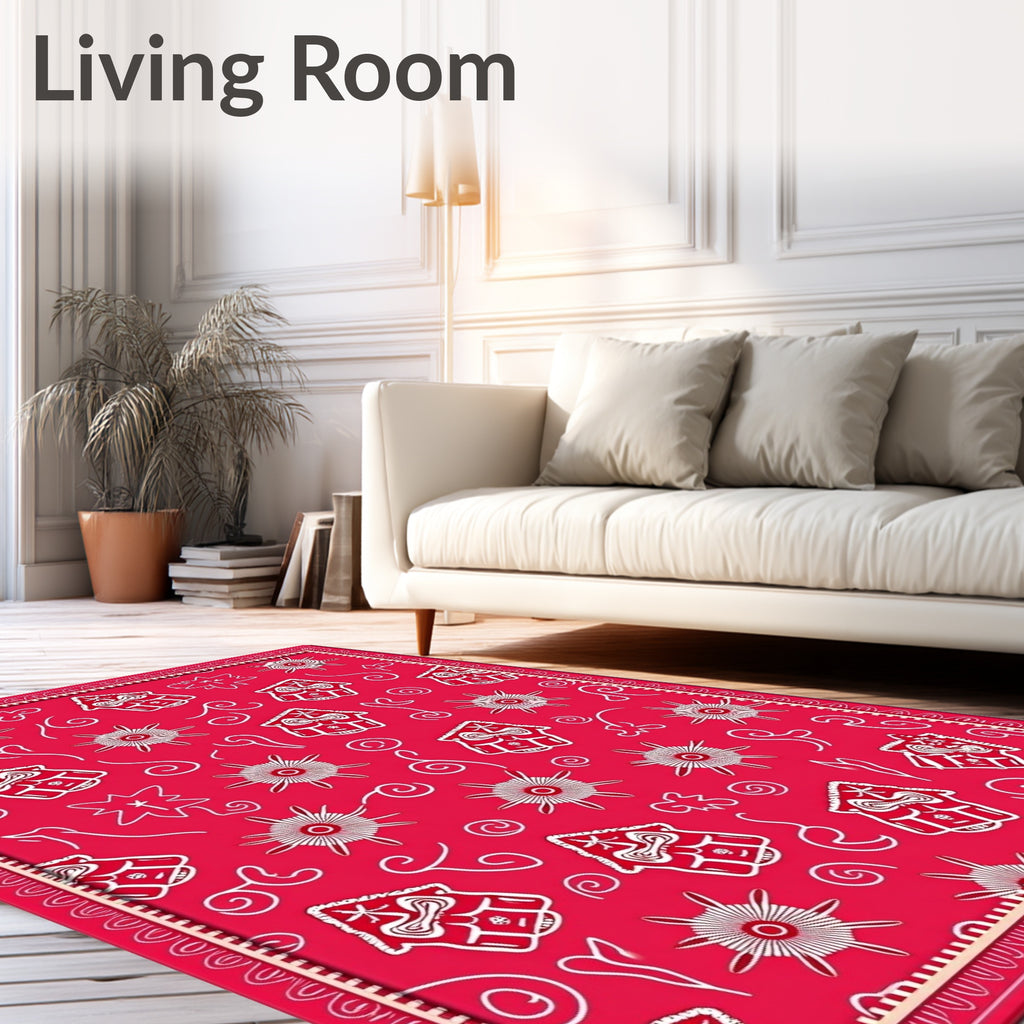 Bright Red Whimsical Gingerbread House Swirl Rug
