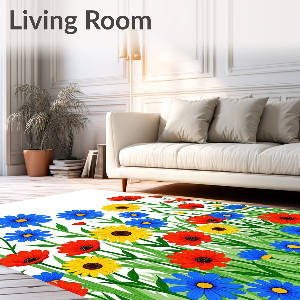 Field of Red Blue Yellow Flowers Rug