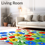 Field of Red Blue Yellow Flowers Rug