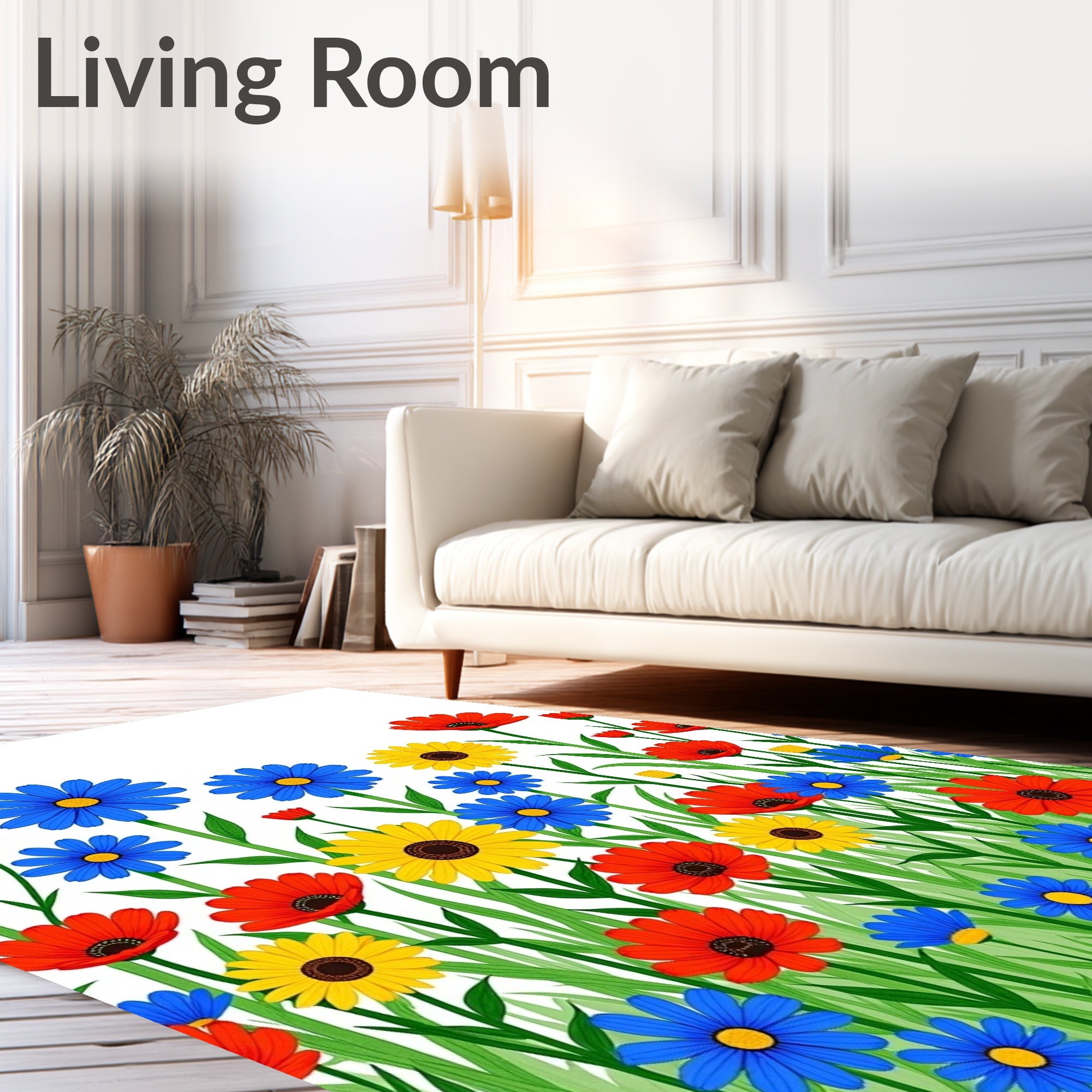 Field of Red Blue Yellow Flowers Rug