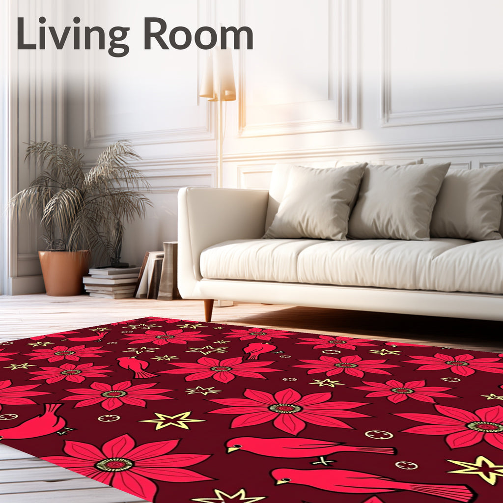 Crimson Floral Bird Whimsical Star Rug