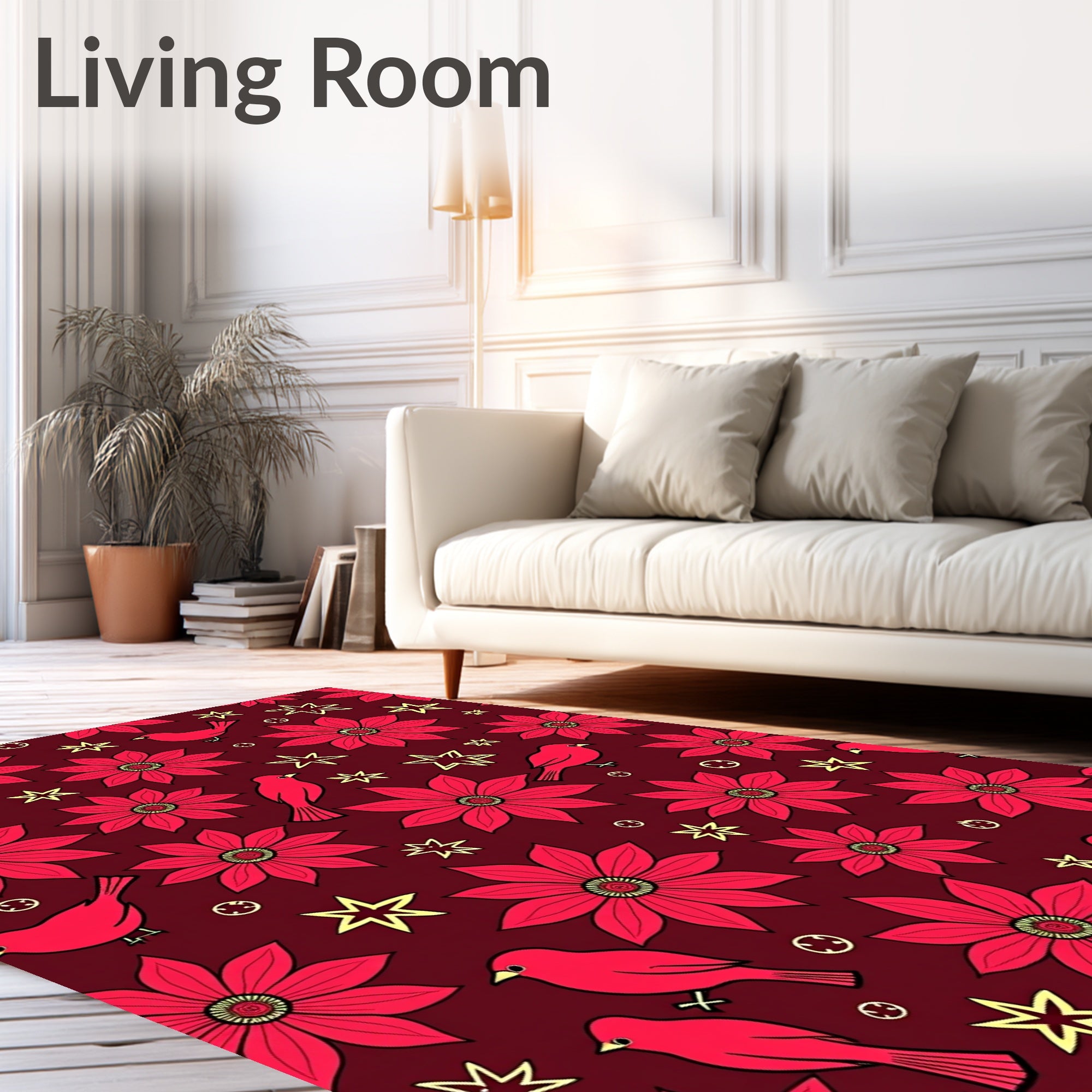 Crimson Floral Bird Whimsical Star Rug