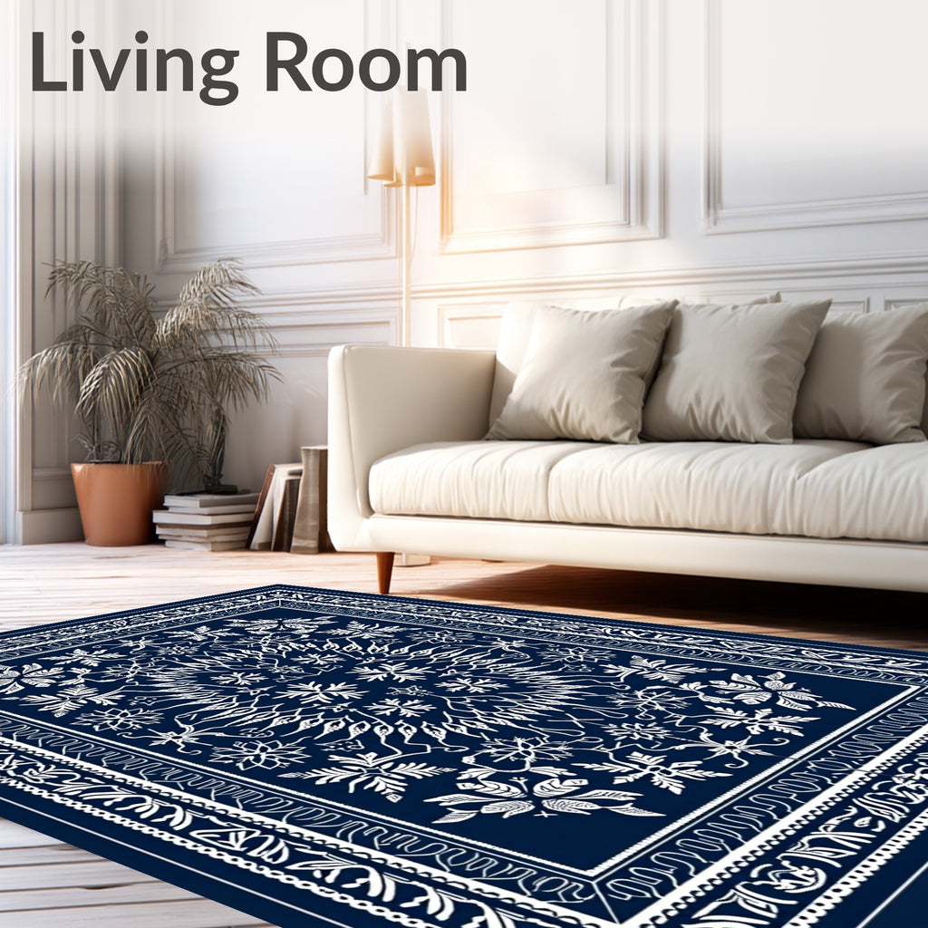 Deep Blue White Floral Mandala Rug