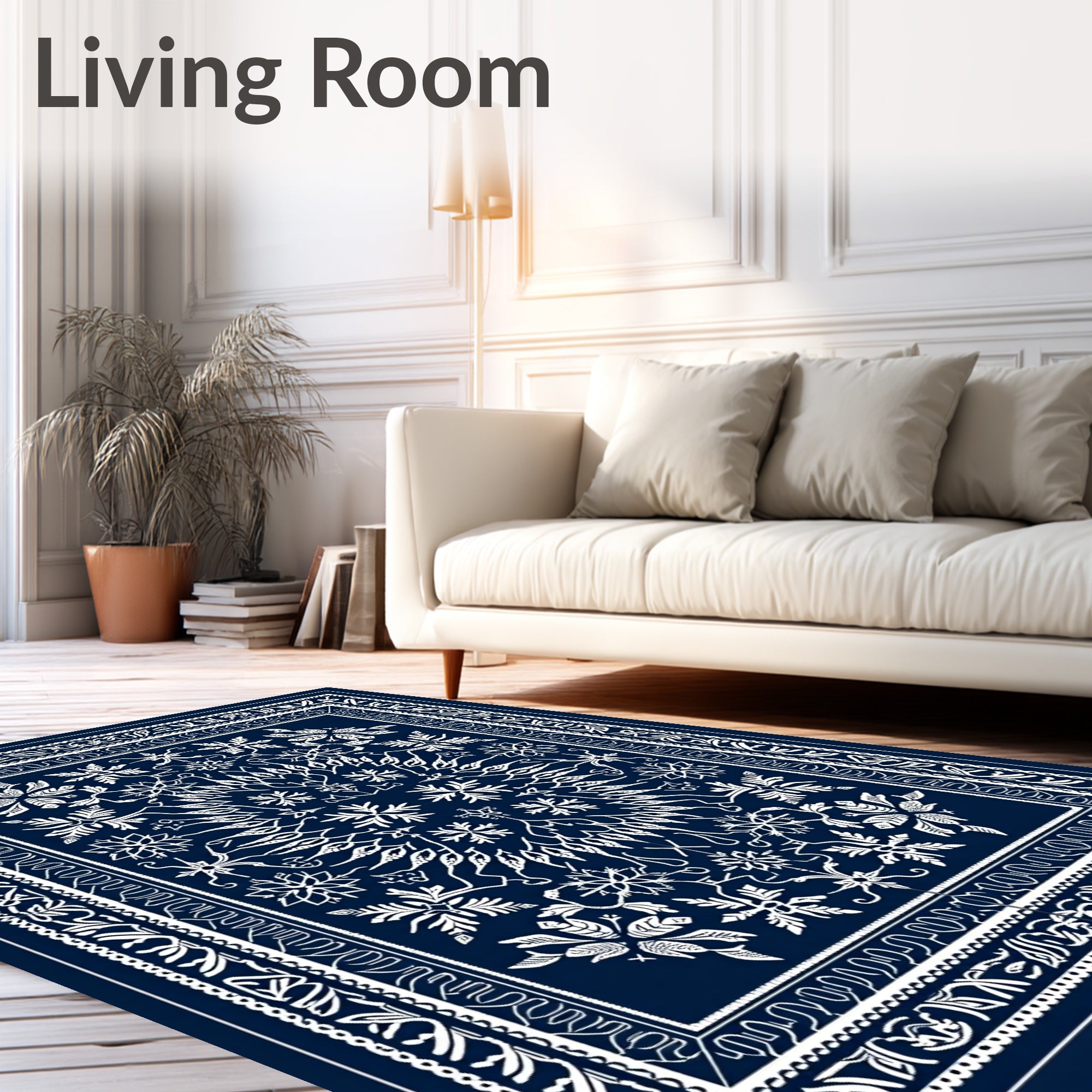 Deep Blue White Floral Mandala Rug
