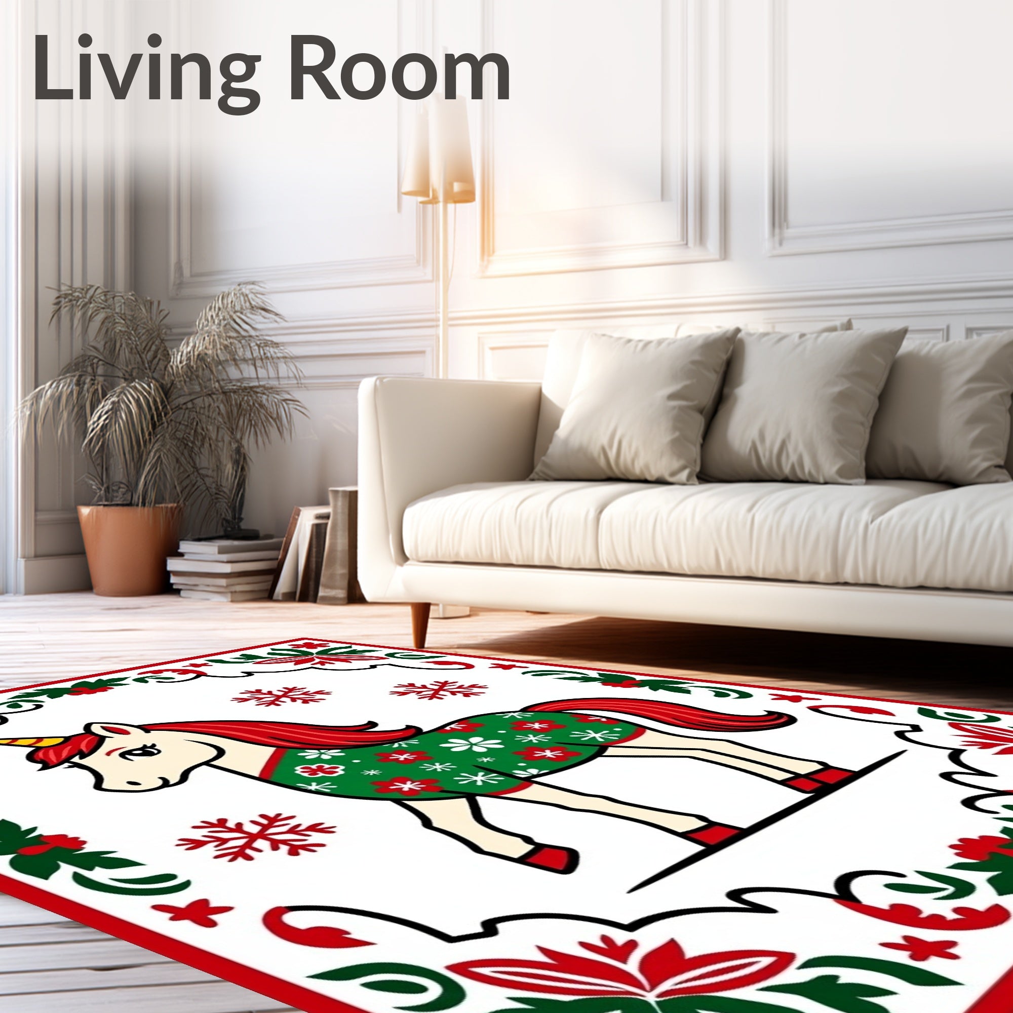 Festive Unicorn Christmas Snowflake Border Rug