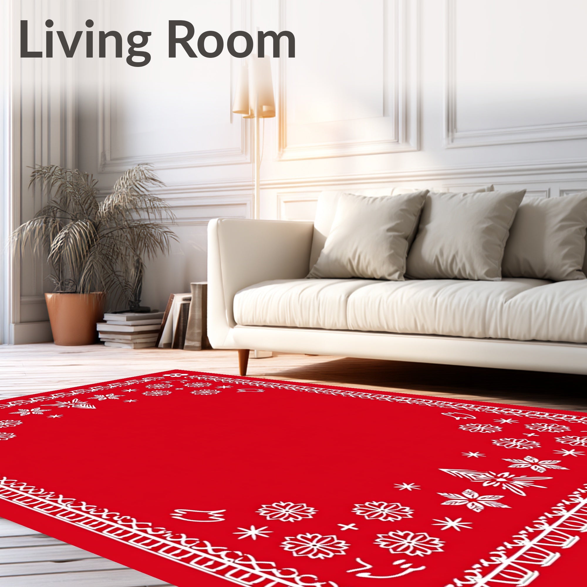 Red White Winter Snowflake Christmas Tree Border Rug