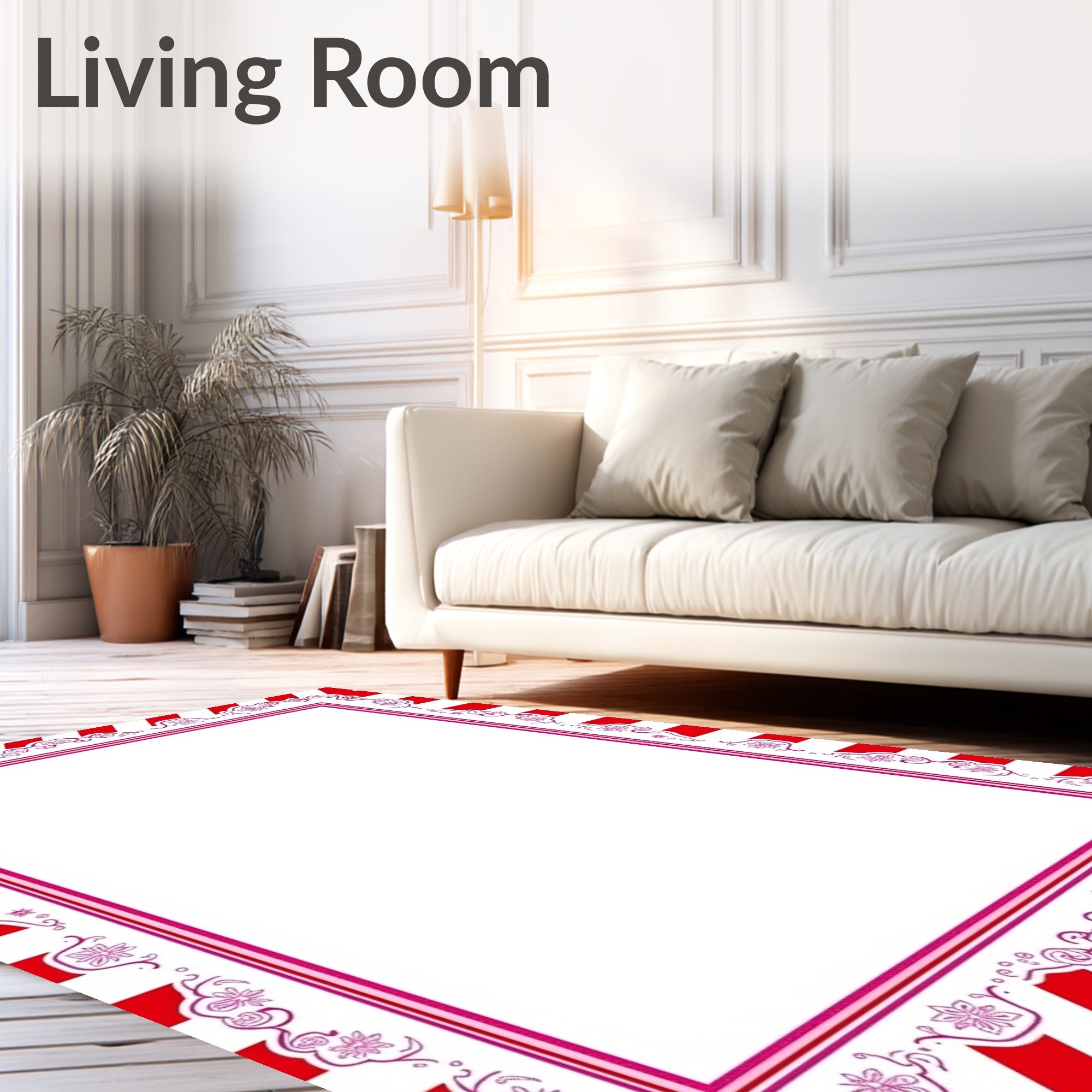 Whimsical Red Pink Floral Stripe Frame Rug