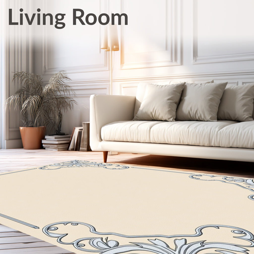 Elegant Silver Scrollwork Corner Motif Rug