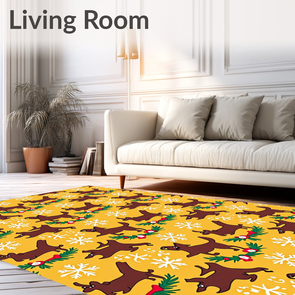 Brown Dogs with Snowflakes Garland Yellow Rug