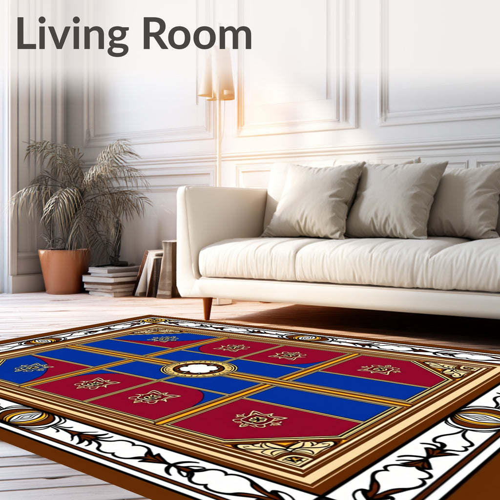Burgundy Blue Golden Window Pane Medallion Rug