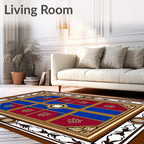 Burgundy Blue Golden Window Pane Medallion Rug