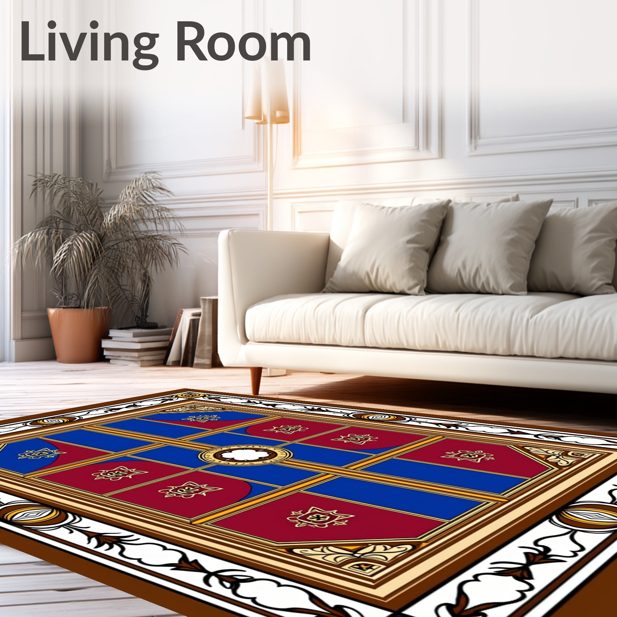 Burgundy Blue Golden Window Pane Medallion Rug