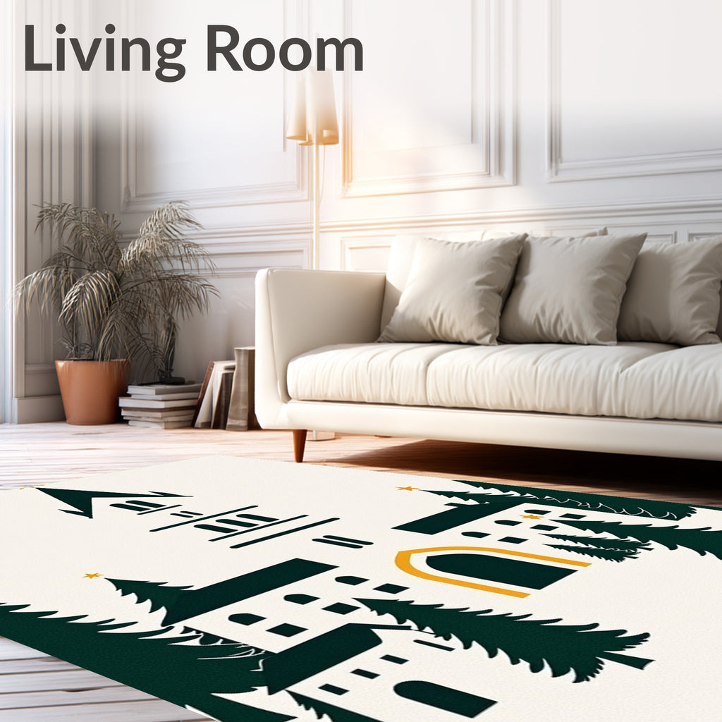 Dark Green Pine Festive Village Scene Rug
