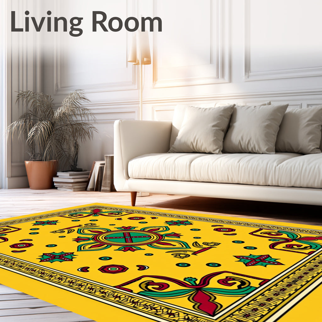 Golden Yellow Floral Motif Medallion Rug