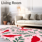 Red Birds Green Foliage Pink Background Rug