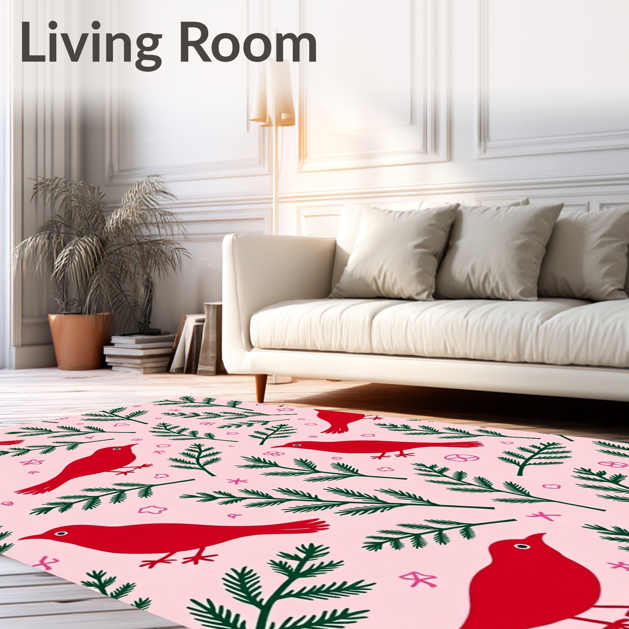 Red Birds Green Foliage Pink Background Rug
