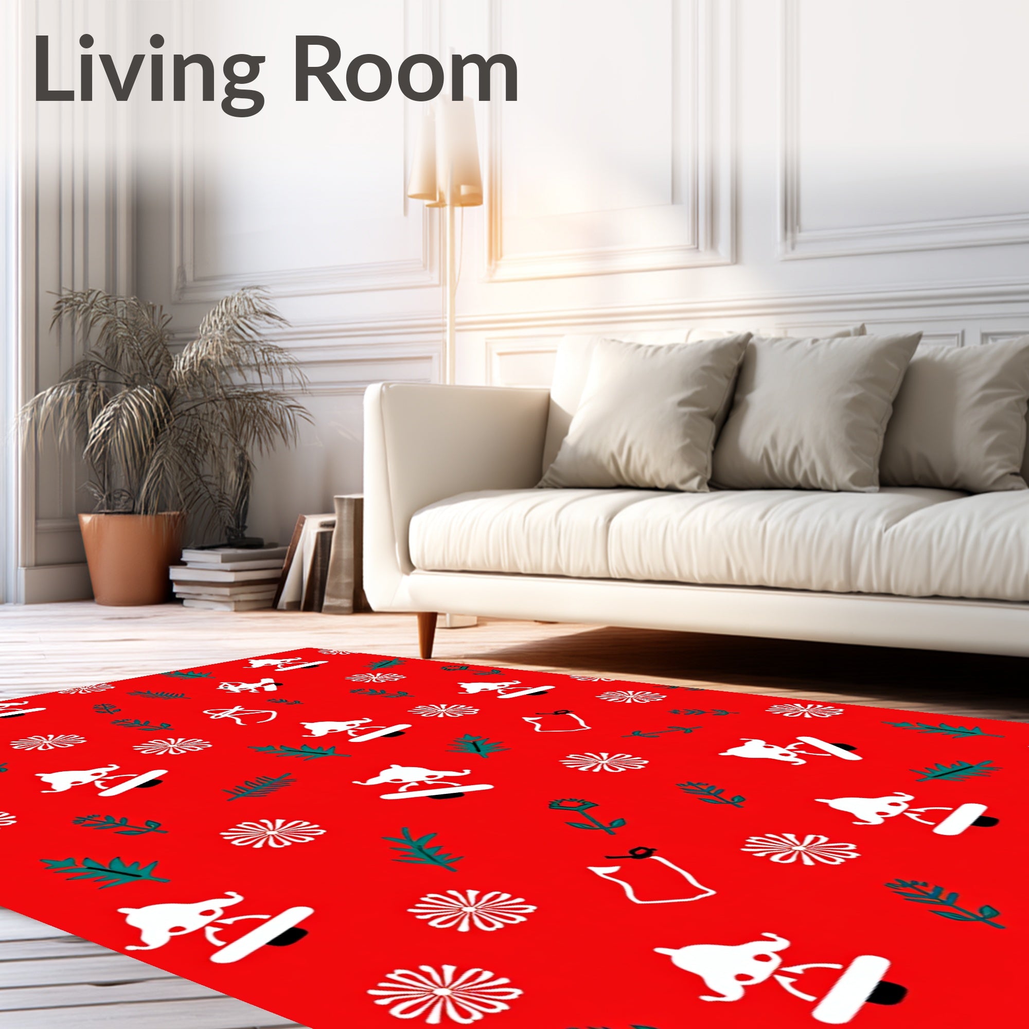 Red White Green Whimsical Folk Elements Rug