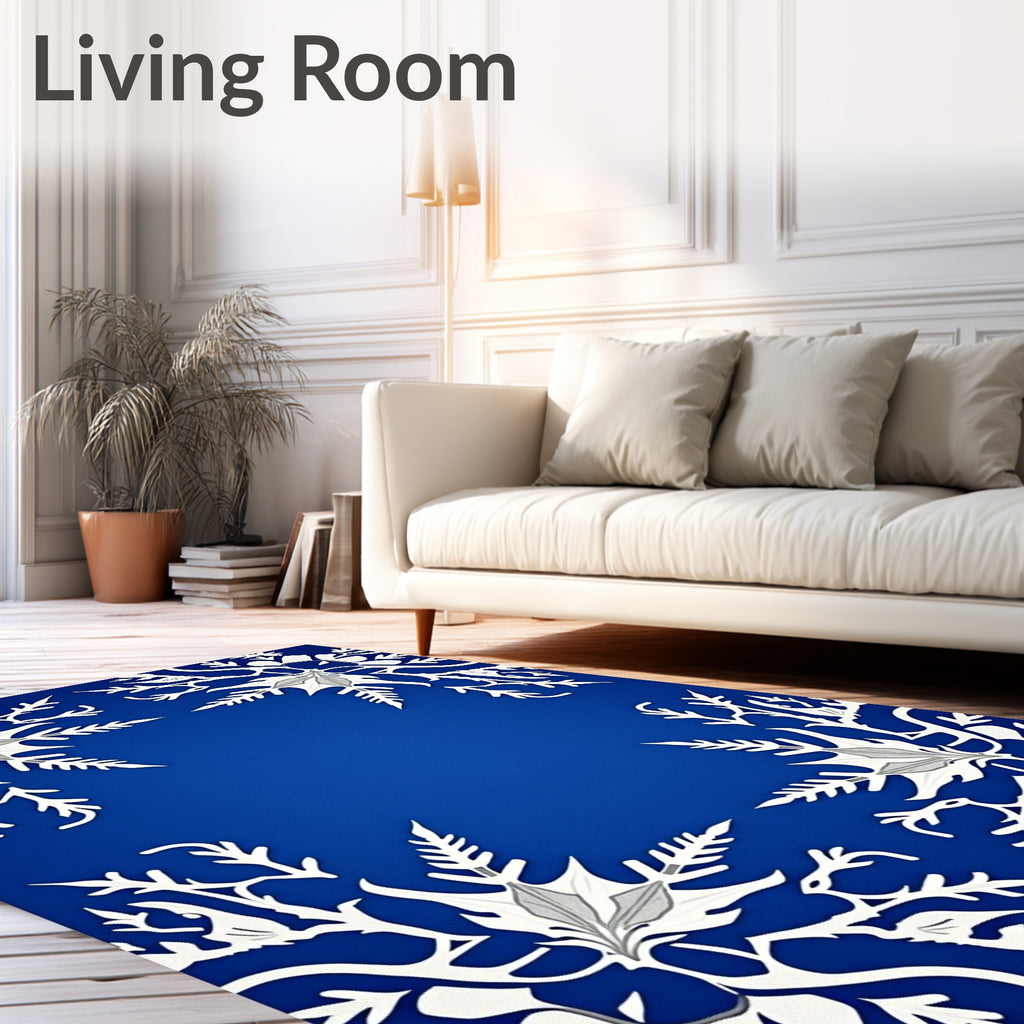 Deep Blue White Foliage Corner Rug