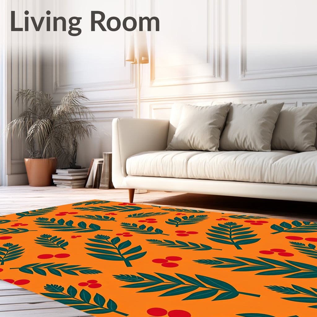 Dark Teal Leaf Berry Orange Rug