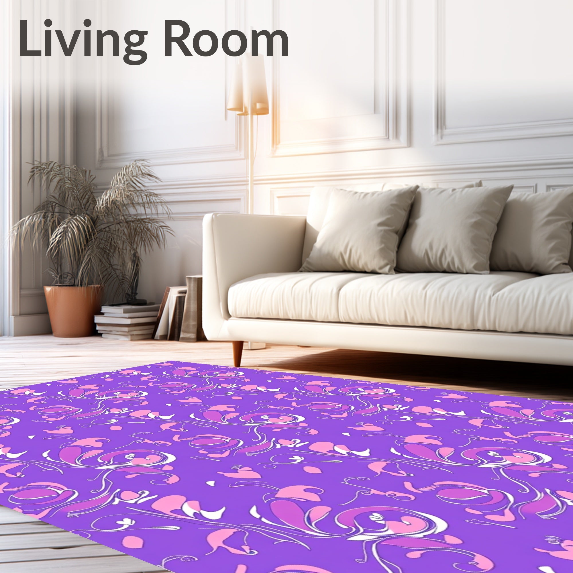 Whimsical Lilac Pink Heart Floral Scroll Rug