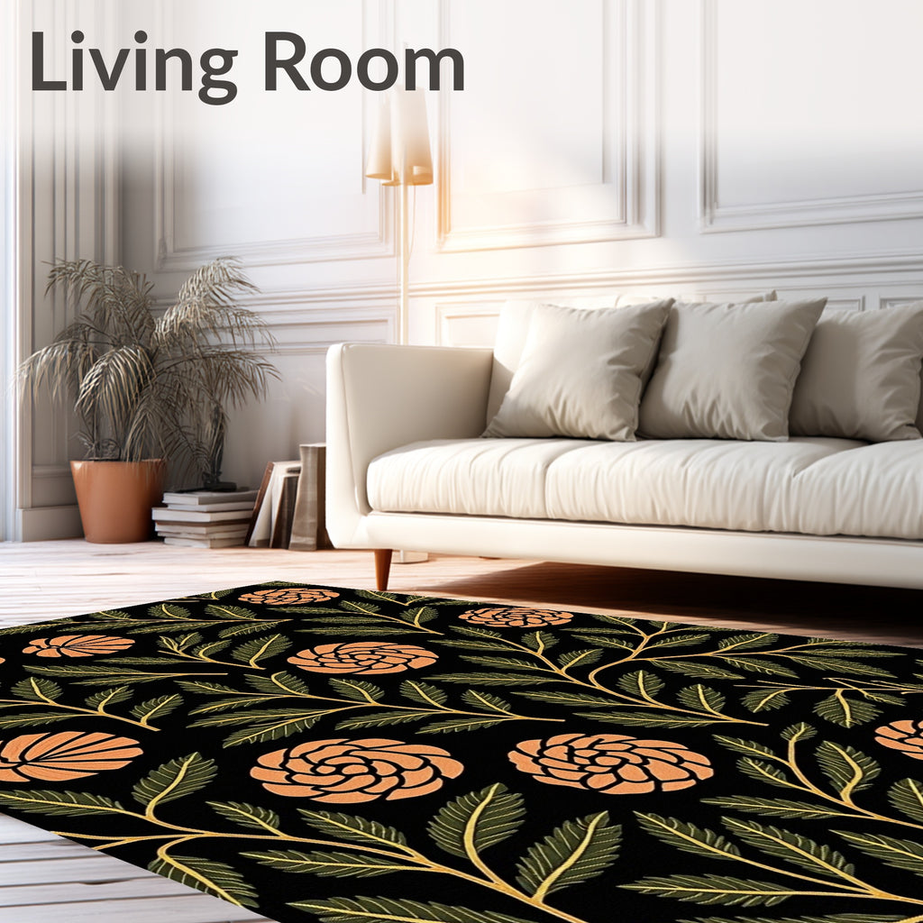 Terracotta Floral Foliage on Black Rug