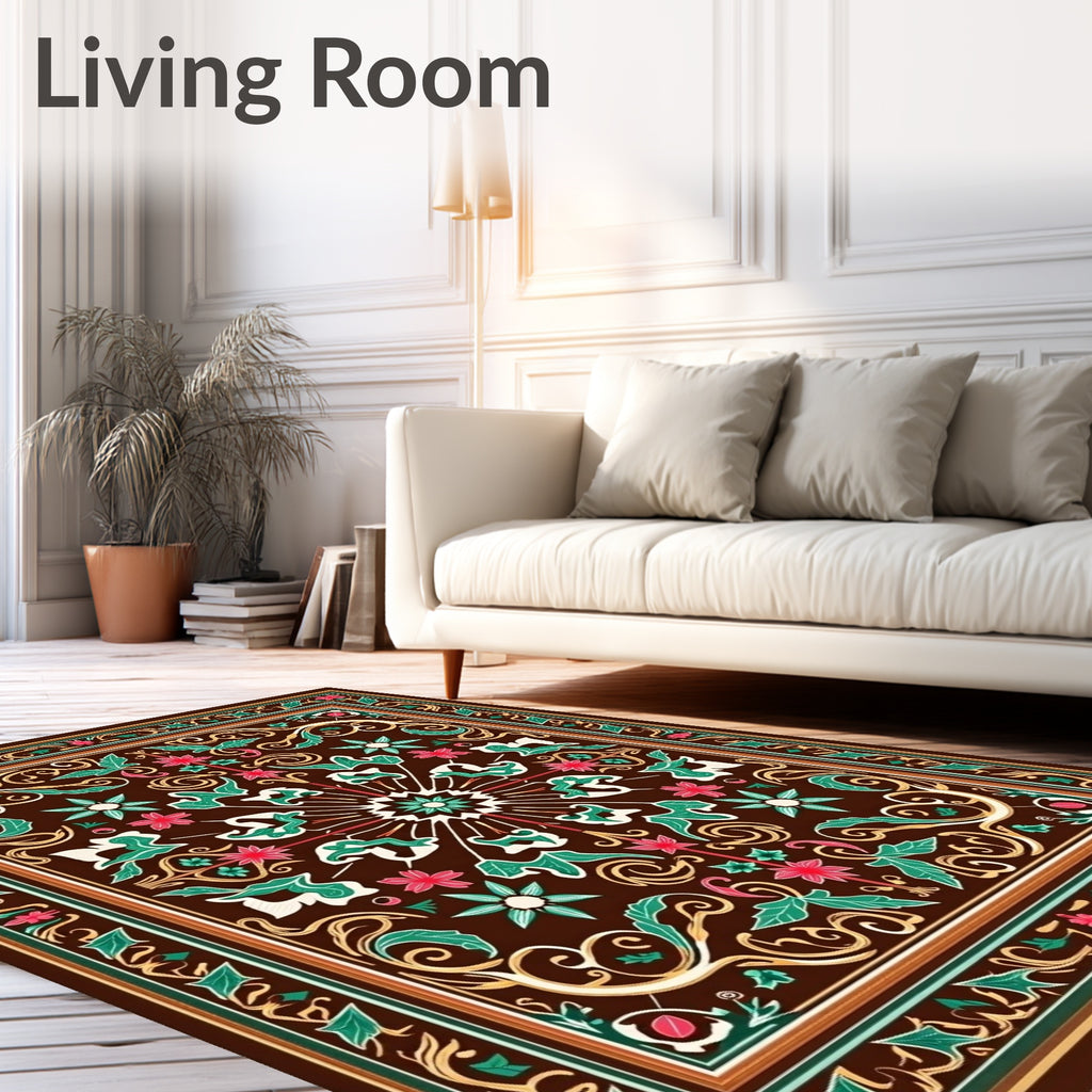 Rich Brown Floral Medallion Border Rug