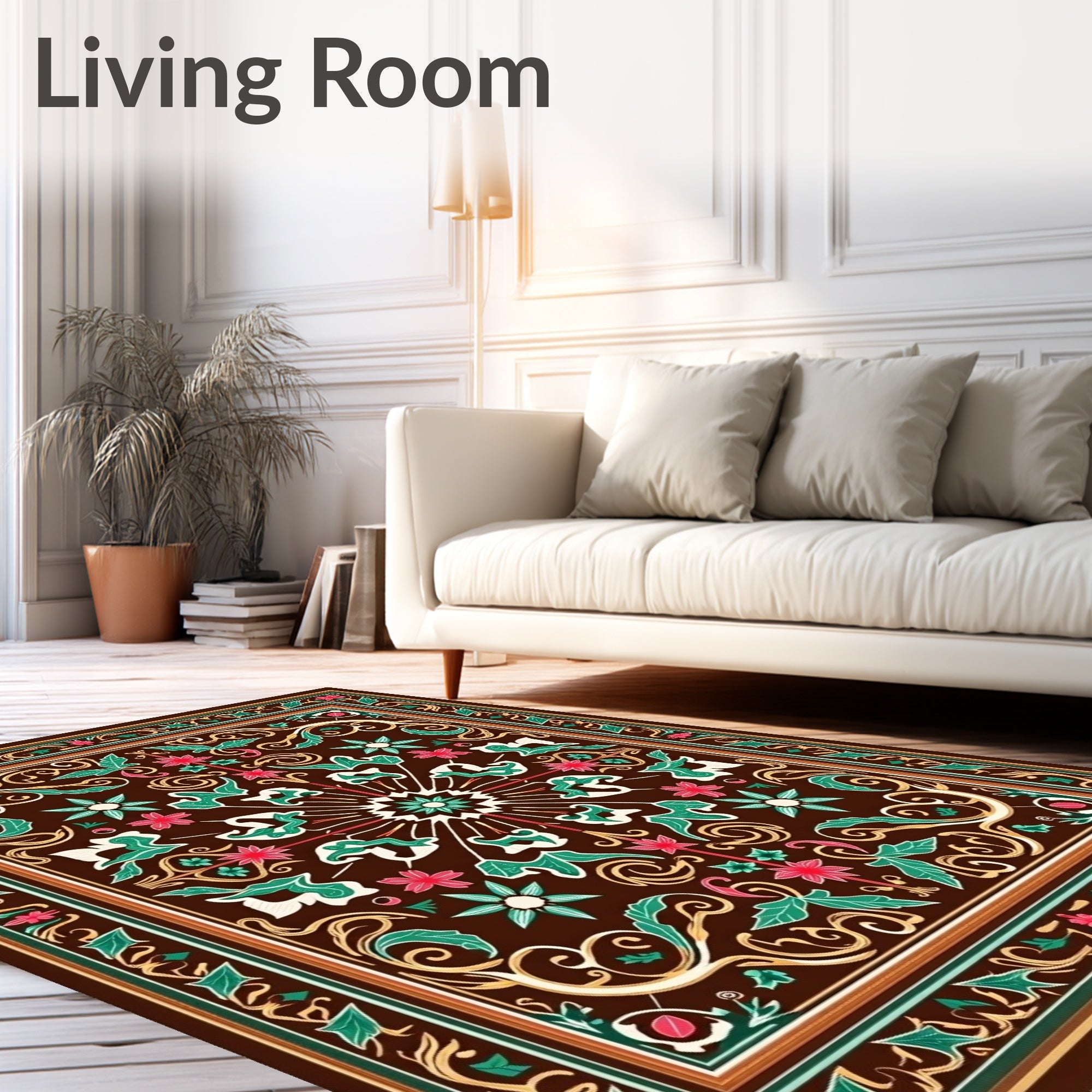 Rich Brown Floral Medallion Border Rug