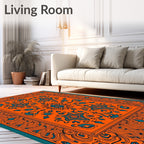 Orange Teal Floral Medallion Border Rug