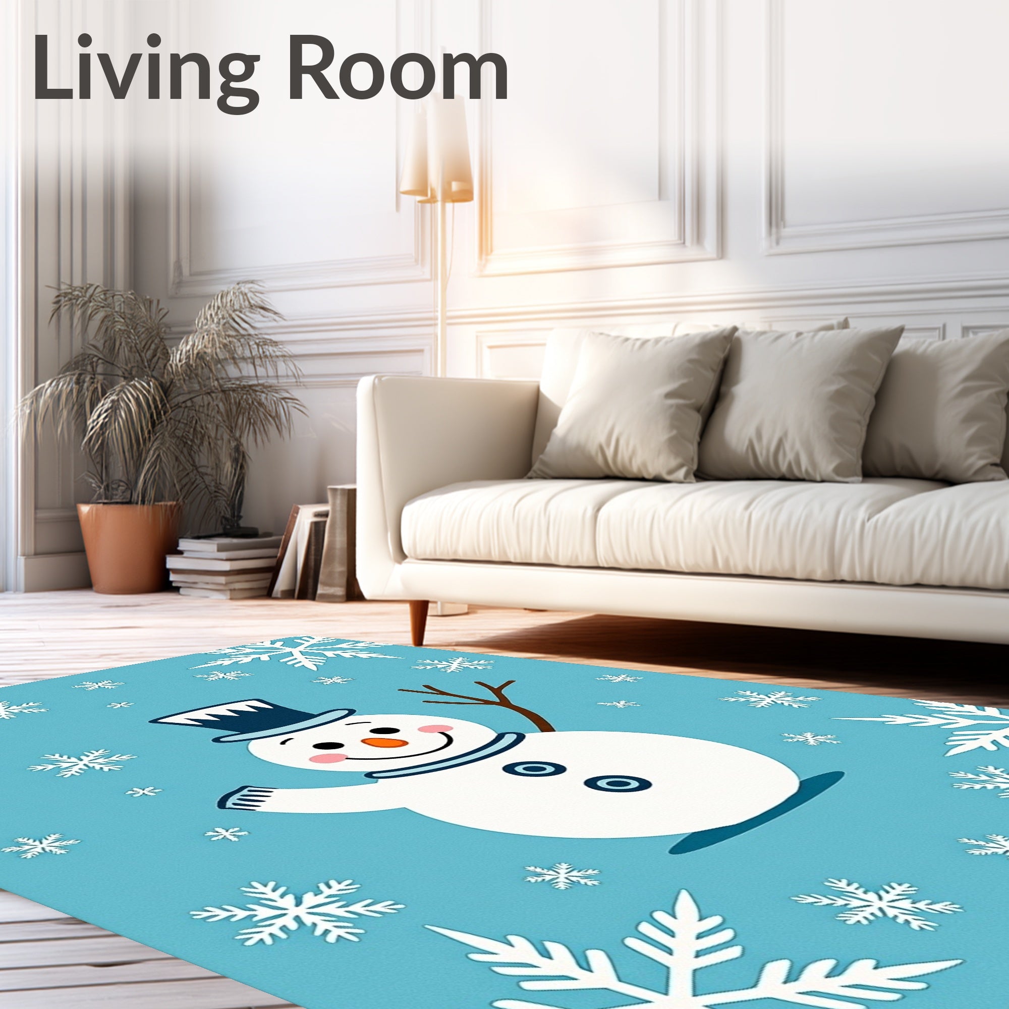 Charming Blue Snowman Snowflake Winter Rug