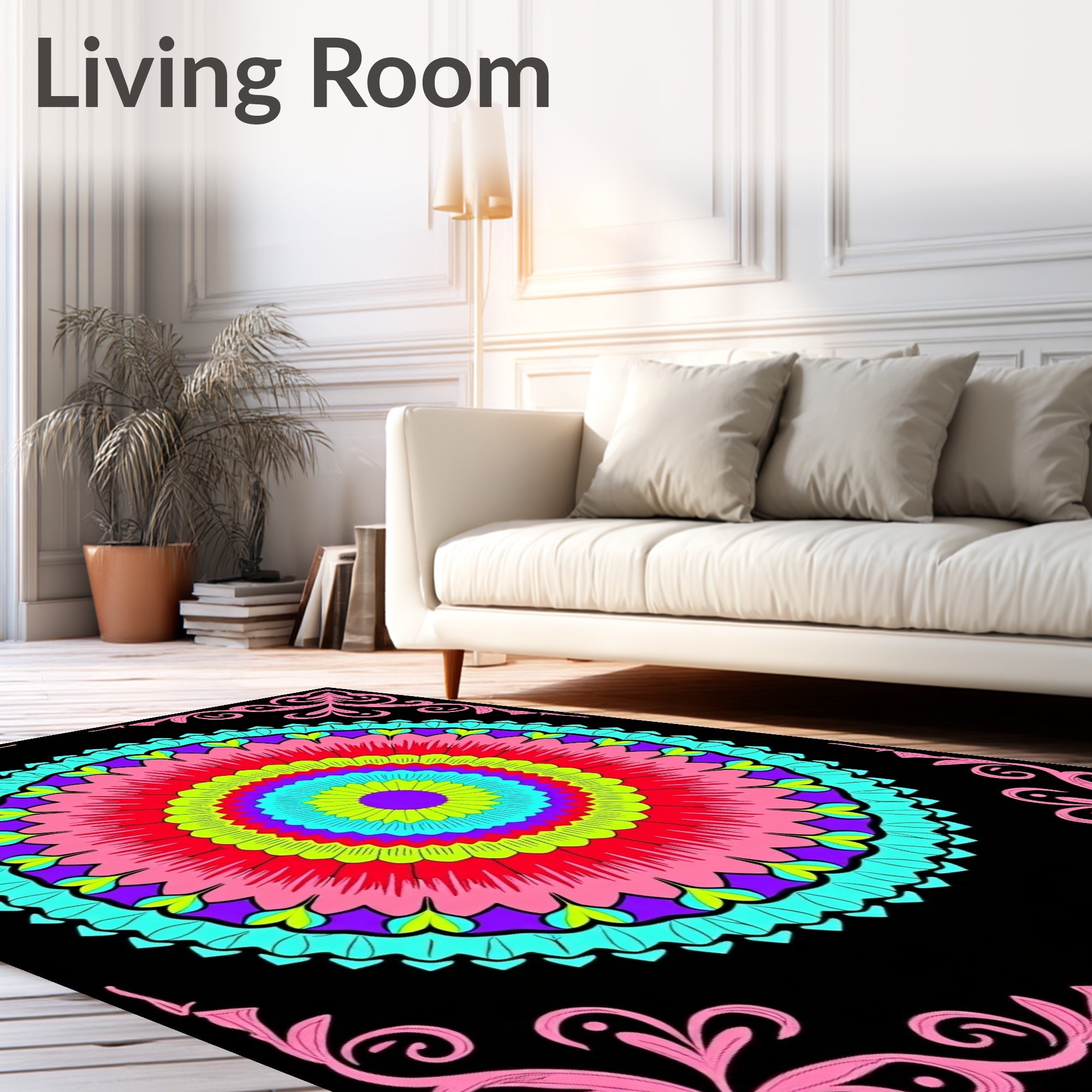 Vivid Rainbow Floral Mandala Corners Rug
